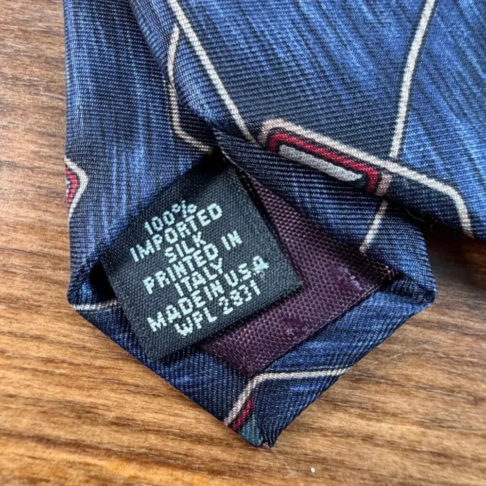 Vintage L'Atelier Slate Blue Geometric Diamond Silk Blend Necktie